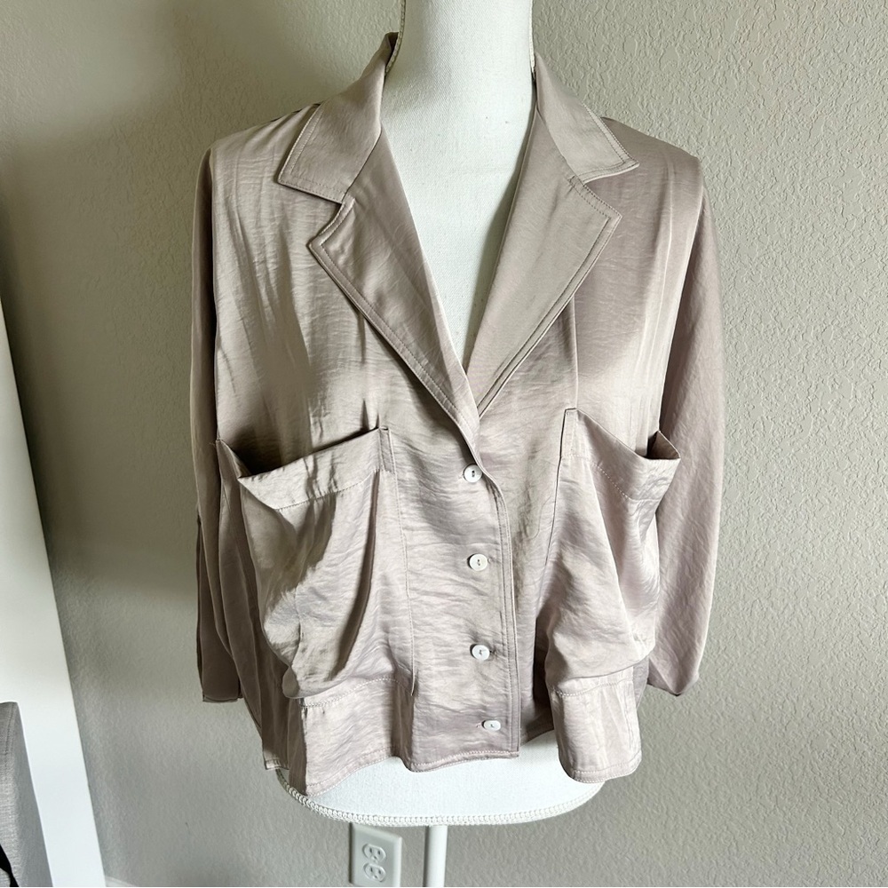 Wishlist Taupe Satin Boxy Relaxed Button Down Blouse Size S/M
